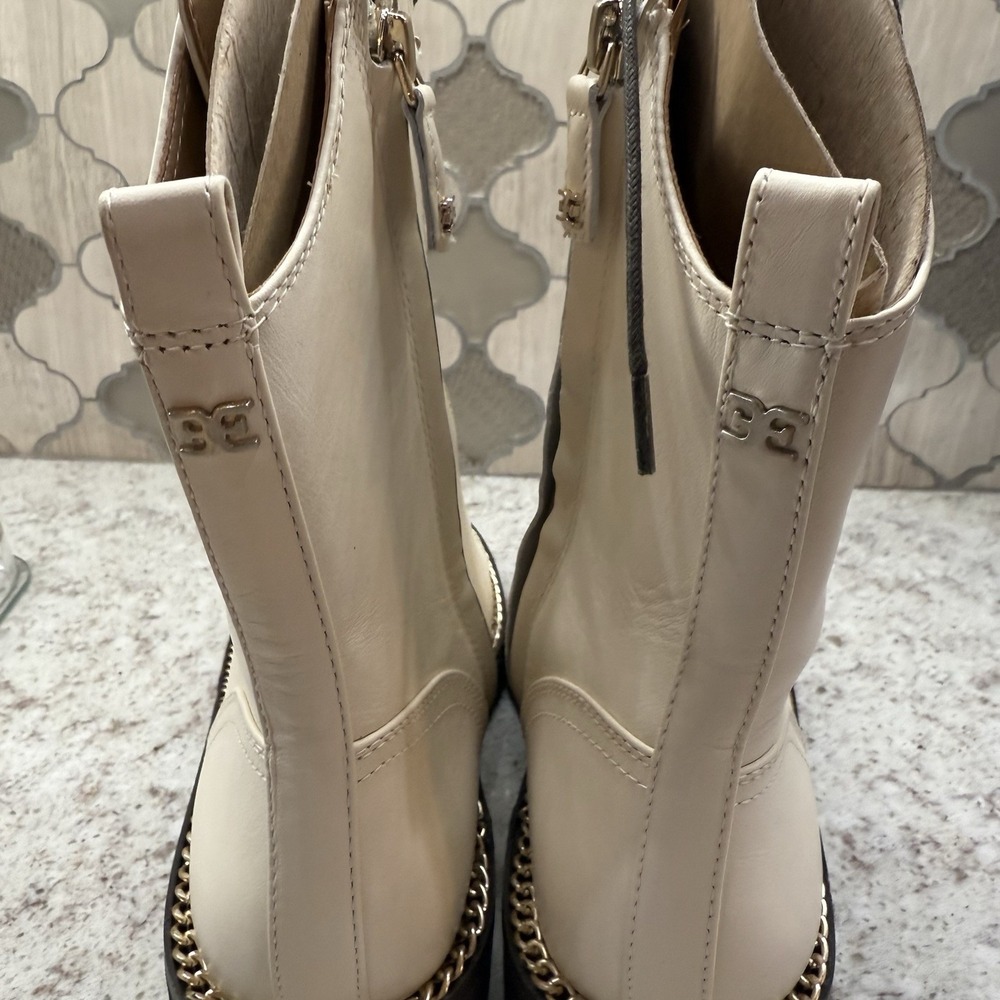 Sam Edelman Lenley Modern Ivory Leather Combat Boots Gold Chain New Cute Sz 8 - Picture 6 of 11